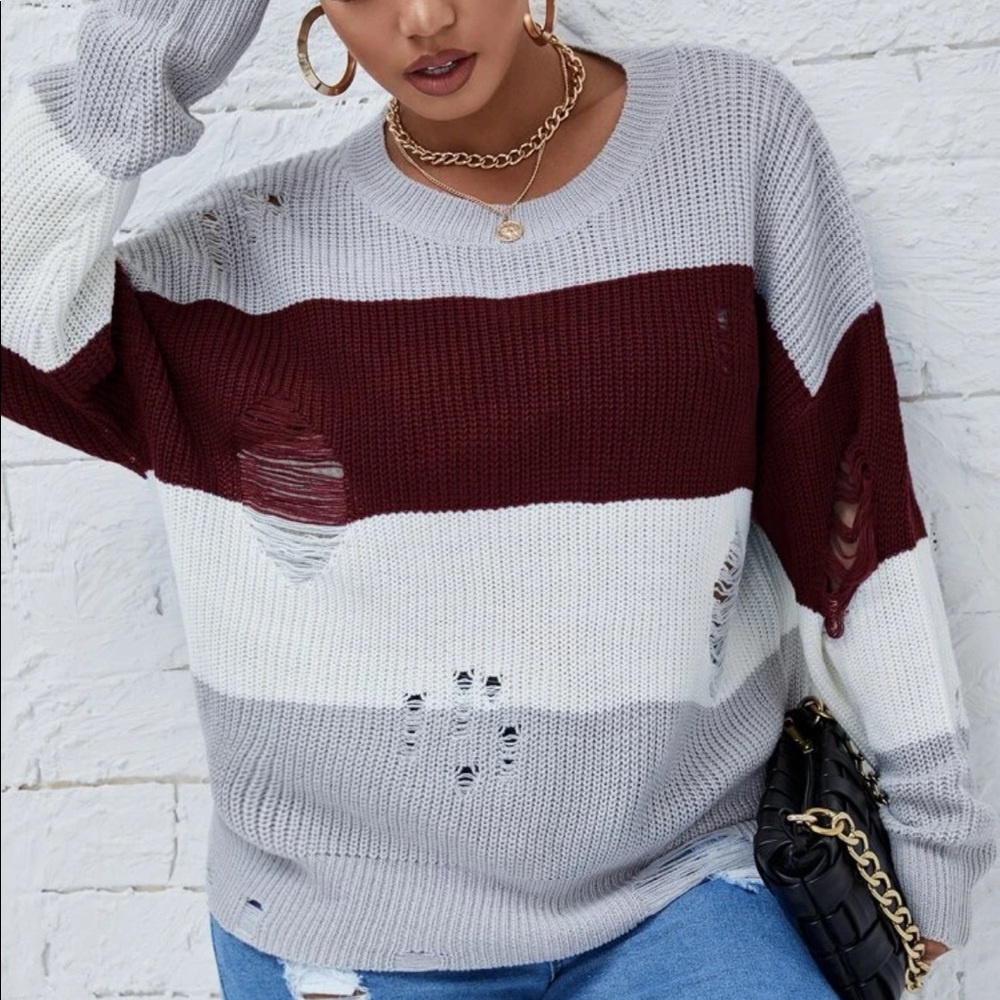 Plus colorblock ripped drop shoulder sweater